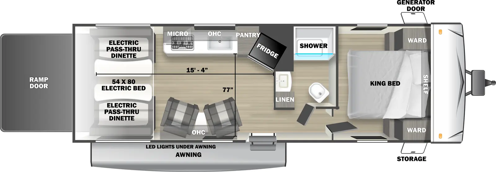 The 2500SLS travel trailer has no slide outs, 1 entry door and 1 rear ramp door. Exterior features include an awning with LED lights, front door side storage and front off-door side generator door. Interior layout from front to back includes: front bedroom with foot-facing King bed, shelf over the bed, and front corner wardrobes; off-door side bathroom with shower, linen storage, toilet and single sink vanity; off-door side kitchen with overhead microwave, overhead cabinets, pantry, stovetop and angled refrigerator; 2 door side recliners with end table; and rear electric 60 x 80 bed with opposing side electric pass-through dinette. Cargo length from rear of unit to kitchen wall is 15 ft. 4 in. Cargo width from kitchen countertop to door side wall is 77 inches.